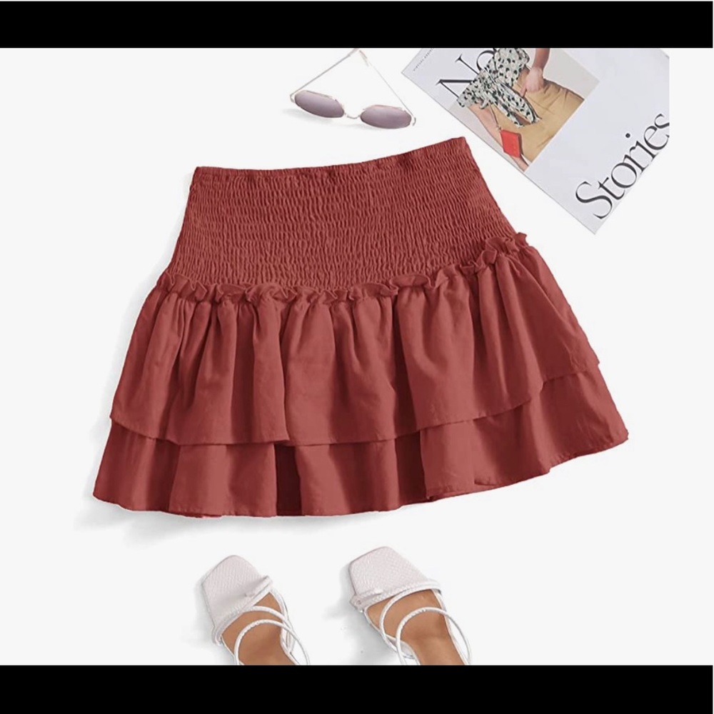 SheIn Women's Solid Shirred High Waist Layered Ruffle Hem Flared Mini Skirt